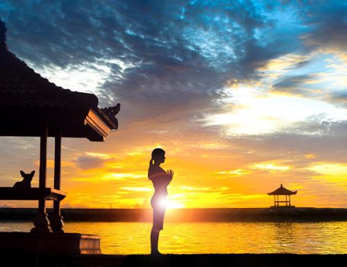 a woman standing on the beach at sunset at Villa Siki Sanur, Relax & Enjoy in Sanur