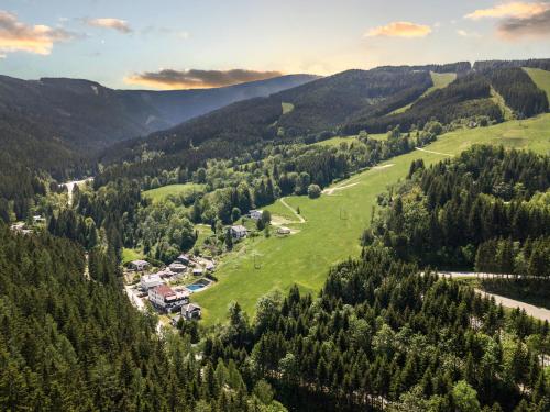una vista aérea de un pueblo en las montañas en Hotel Sonnenalm Stuhleck en Spital am Semmering