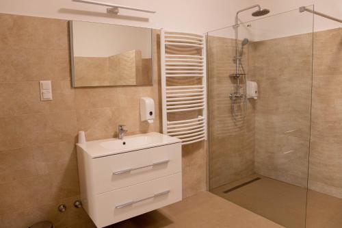 uma casa de banho com um lavatório branco e um chuveiro em Vánkos & Eszcájg em Újhartyán