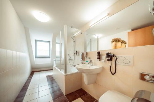 een badkamer met een douche, een toilet en een wastafel bij Familienapartment Am Neumarkt ll in Dresden