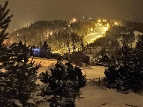 a train traveling down a snow covered slope at night at Dom Sosenek in Kluszkowce