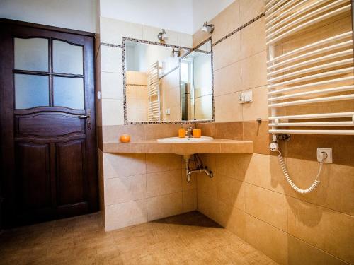 a bathroom with a sink and a mirror at Hostel 4you in Bielsko-Biała