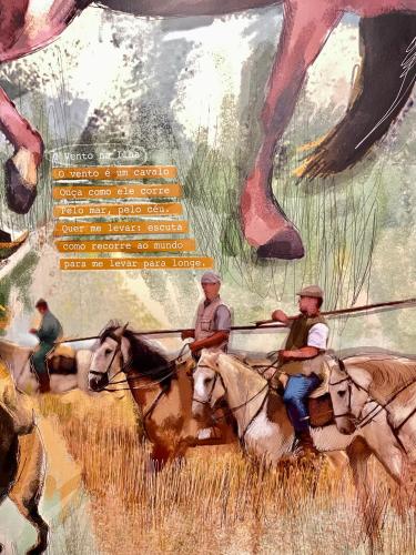 a painting of two men riding horses in a field at Villa Rio by Valada Village in Valada