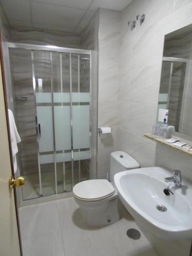 a white bathroom with a toilet and a sink at Hotel Herbiña in Cambados