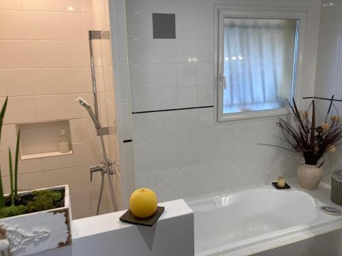 a bathroom with a bath tub with a lemon on top of it at Au bras d'argent Léa et Vincent in Auros