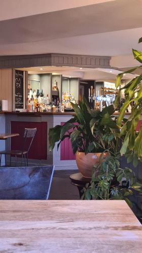 a restaurant with a table and plants in front of a bar at Y Branwen - adult only and dog friendly in Harlech