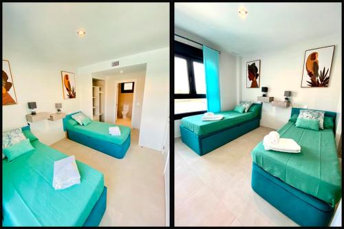 duas fotografias de uma sala de estar com mobiliário azul em Isla Canela -APARTAMENTO LOS FLAMENCOS em Isla Canela