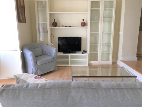 a living room with a couch and a tv and a chair at Apartamento Plaza de Los Naranjos Marbella in Marbella