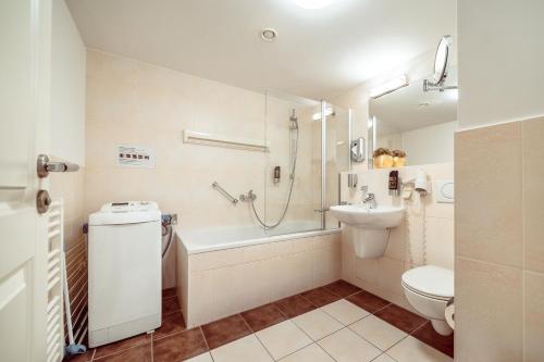 a bathroom with a sink and a toilet and a shower at Familienapartment Am Neumarkt l in Dresden