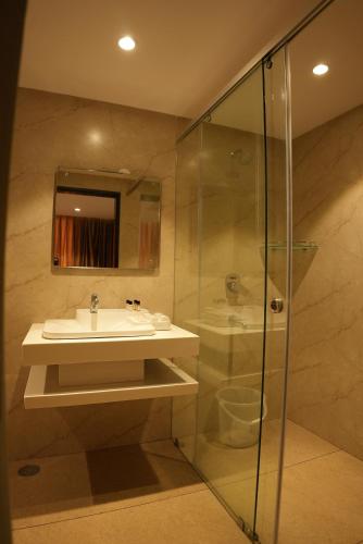 a bathroom with a sink and a shower at HOTEL OCEAN VISTA BAY in Visakhapatnam