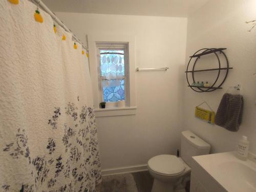 a bathroom with a toilet and a shower curtain at Welcome to Pineapple House! in Pensacola