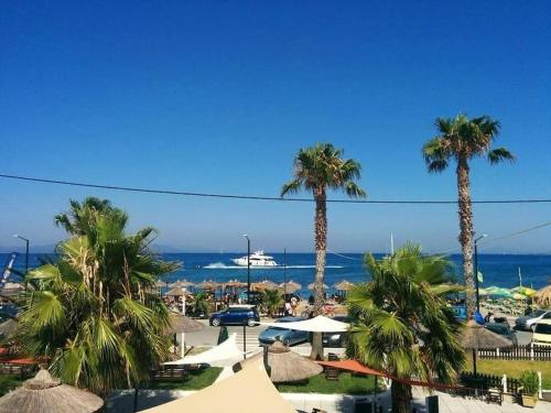 a view of a beach with palm trees and the ocean at Amalthea Guest House in Kos Town