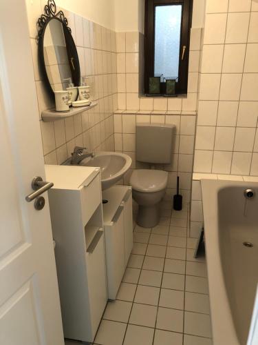 a bathroom with a sink and a toilet and a mirror at Lindenbaum in Hargesheim