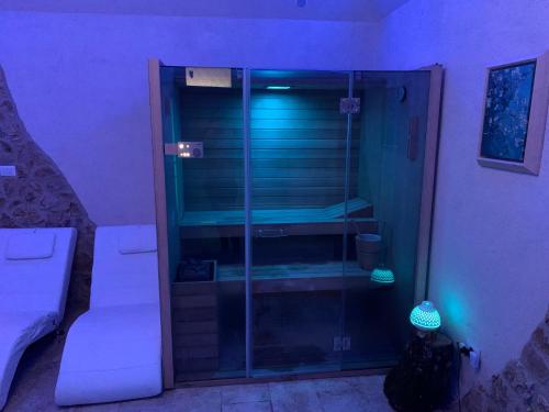 a room with a glass shower with a cat in it at Aurora in Gubbio
