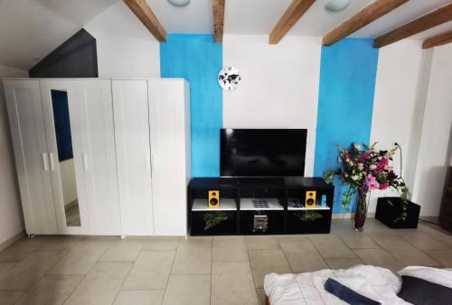 ein Wohnzimmer mit einem TV und einer blauen Wand in der Unterkunft Apartment Ribno in Bled