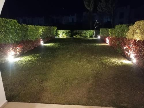 a garden at night with lights on the grass at Fully Furnished 4-Bed Town House in Mountain View Ras Al-Hekma in Ras Elhekma