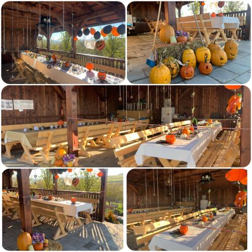 a collage of photos of a table with pumpkins on it at Viktoria House in Odorheiu Secuiesc