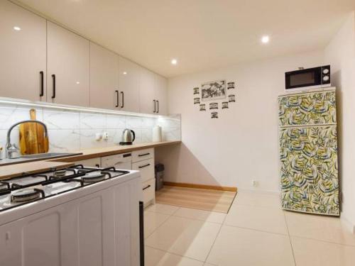 a white kitchen with a stove and a refrigerator at POD BZEM in Szczytna