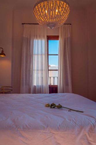 a bedroom with a bed with a chandelier and a window at CANDIL SUITE Realejo in Granada