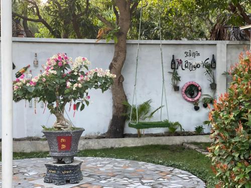 a potted tree sitting on a table in a garden at Mango Villa Long Hải Beach in Long Hai