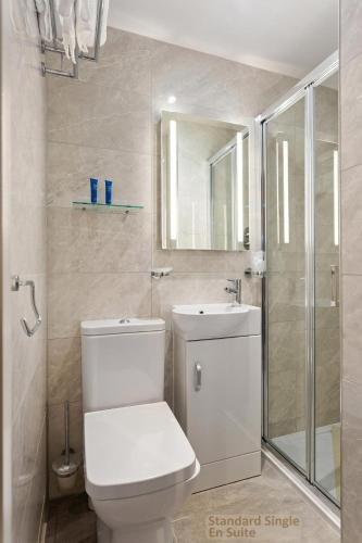a bathroom with a toilet and a sink and a shower at Gardiner Lodge in Dublin