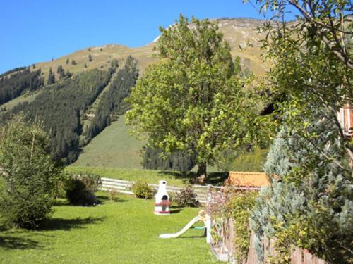 a garden with a dog sitting in the grass at Ferienhaus Wechner in Häselgehr