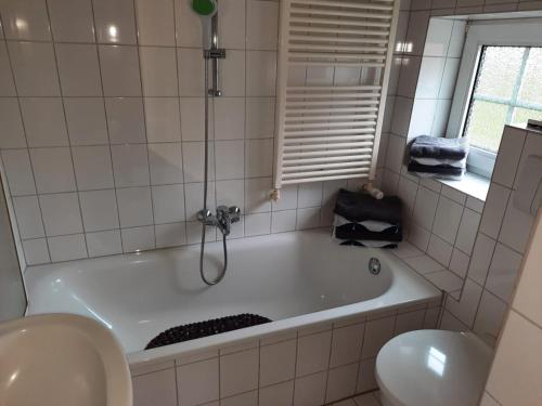a bathroom with a tub and a toilet and a sink at Holiday Nr,3 in Immenstedt