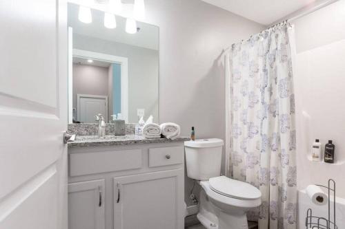a bathroom with a toilet and a sink and a mirror at The Sanctuary Company Johnson City in Johnson City