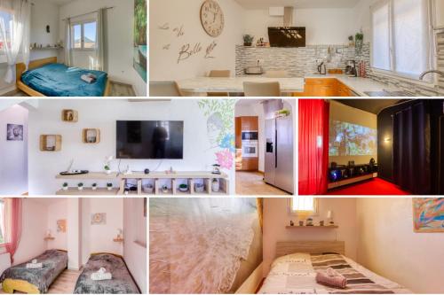 a collage of photos of a room at Villa Naïs 126m2-Zen-Salle Cinéma-Piscine in La Valette-du-Var