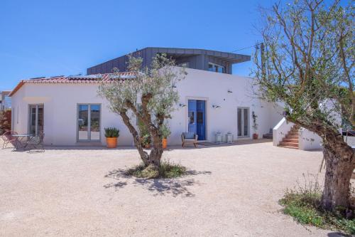 una casa blanca con árboles delante de ella en Moinho Calmo en Vila do Bispo