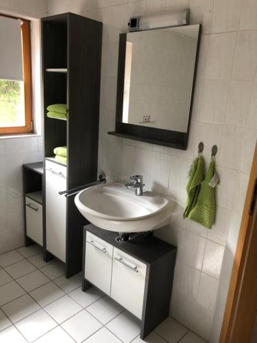 ein Badezimmer mit Waschbecken und Spiegel in der Unterkunft Ferienwohnung am Rohrbacherhof Sabine Rück in Barackenhöfe
