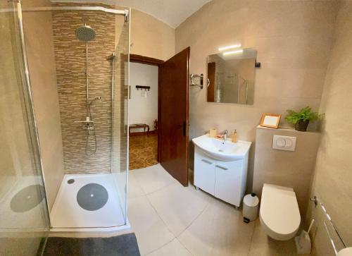 La salle de bains est pourvue d'une douche, de toilettes et d'un lavabo. dans l'établissement La Casa del Capitano, à Bol