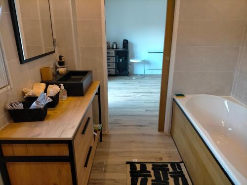 une salle de bain avec une baignoire et un lavabo dans l'établissement Chez Michele et Jean Louis, à Pignans