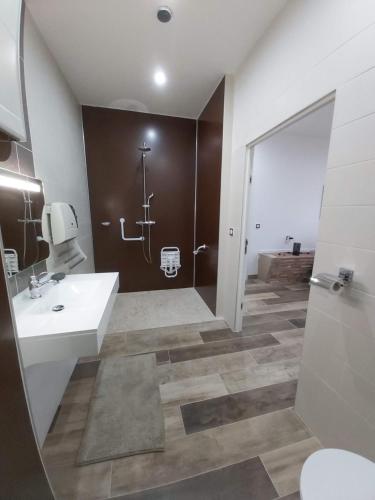 een badkamer met een toilet, een wastafel en een douche bij domaine de codeval in Fronton