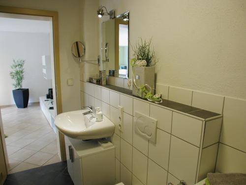 y baño con lavabo y espejo. en Ferienwohnung Pusteblume, en Cochem
