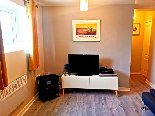 a living room with a tv on a white cabinet at Sunflower Apartment, Family accommodation Near Tenby in Pembrokeshire in Tenby
