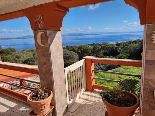 a balcony with potted plants and a view of the ocean at Il Ginepro in Carloforte