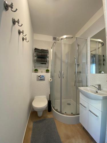 a bathroom with a shower and a toilet and a sink at Apartament - Leśna Apart in Hel