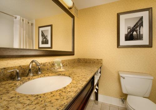 a bathroom with a sink and a toilet and a mirror at Holiday Inn Portland-Airport I-205, an IHG Hotel in Portland