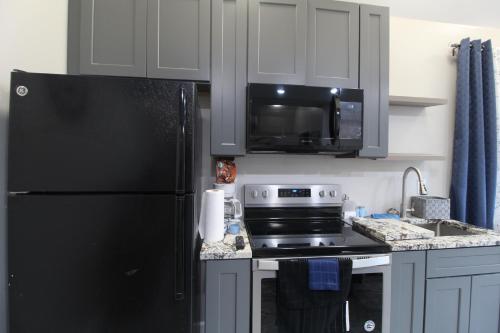 ストーン・マウンテンにあるModern Tiny House Experienceのキッチン(黒い冷蔵庫、電子レンジ付)