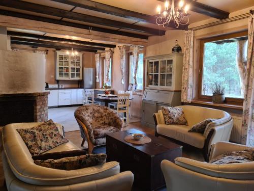 a large living room with couches and a kitchen at Dworek Ogrodniki, całoroczny dom na wyłączność, basen, sauna, las, staw rybny, altana grillowa, ognisko, pianino, kominek, piec chlebowy, duża ogrodzona posesja in Tuczna