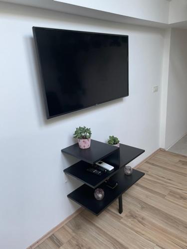 TV de pantalla plana colgada en una pared con mesa en Cute Spot in Ljubljana en Liubliana