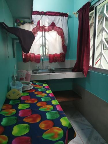 a room with a bed with a window and a sink at Cabinas Mitchaelle's in Puerto Viejo