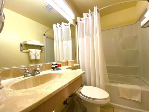 a bathroom with a sink and a toilet and a shower at Ramada by Wyndham Los Angeles/Wilshire Center in Los Angeles
