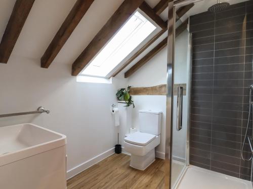 a bathroom with a toilet and a shower and a window at Grange Barn in Hessett