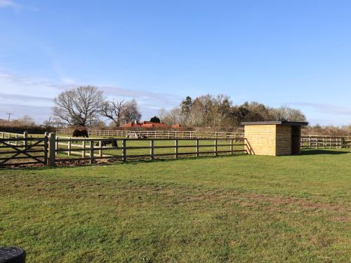 a fence in a field with a horse in the background at Grange Barn in Hessett