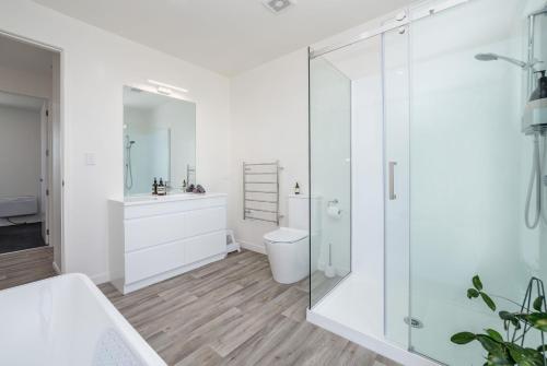 een badkamer met een glazen douche en een toilet bij Hey Syrah Syrah! in Martinborough 