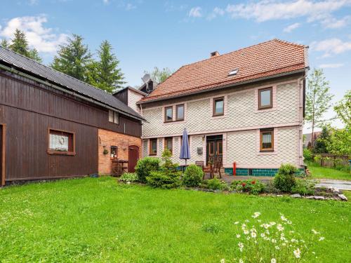 een groot huis met een tuin naast een gebouw bij Apartment with private terrace in Benneckenstein