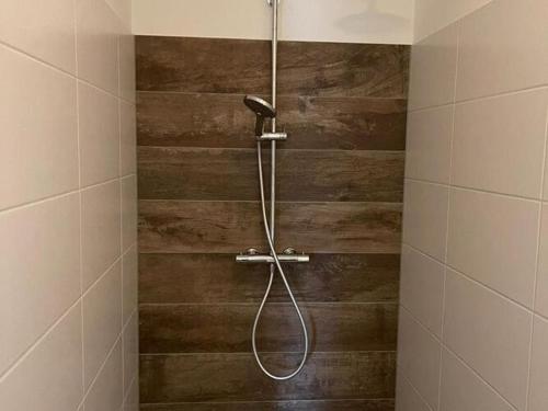 a shower in a bathroom with a wooden wall at Tasteful apartment in Vrouwenpolder close to the beach in Vrouwenpolder