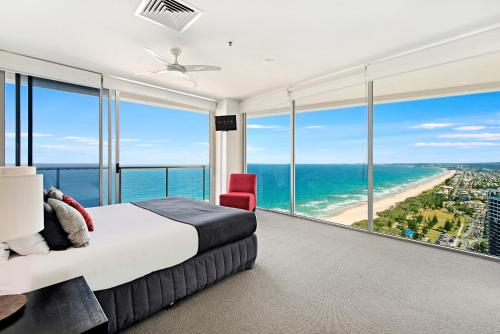 
a hotel room with a view of the ocean at ULTIQA Air On Broadbeach in Gold Coast

